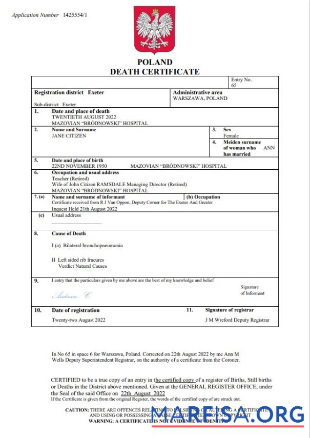 Realistic Poland death certificate Word and PDF template